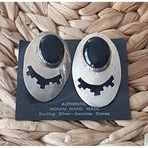 Vtg M.Begay Navajo Sterling Silver Onyx Cabochon Shadow Box Earrings Southwest